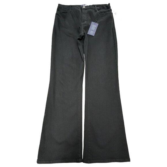 NWT Black Denim High Rise Flare Leg Jeans w/Tiny Rhinestones Down the Seams - Picture 1 of 4